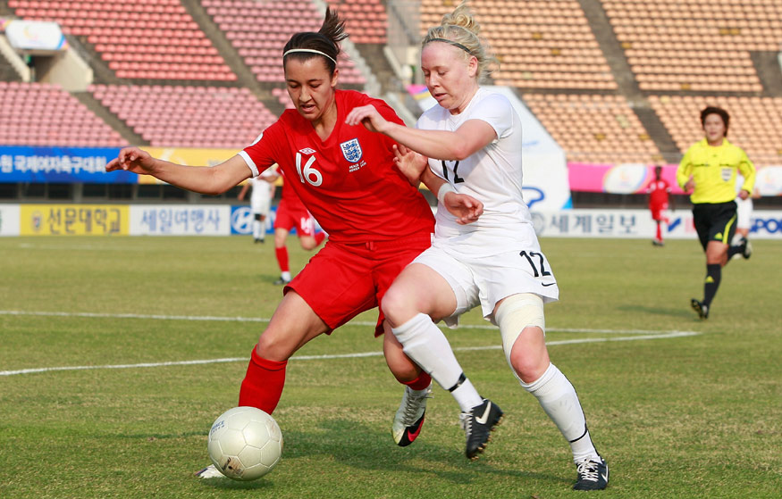 Dunia Susi (left) in action for England in the 2010 Peace Cup.